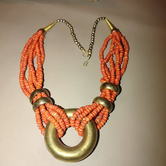 Orange Native Necklace Vintage 6 Multi Strand Glass Coral Brass Circular Pendan - Picture 2 of 11